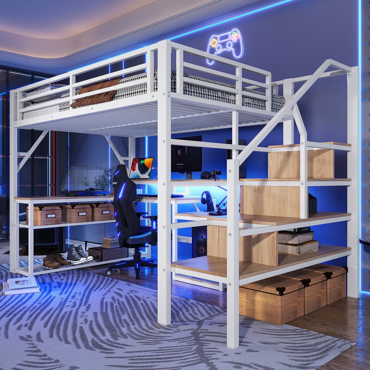 Wishdor Hoogslaper - 140x200 cm - Bureau Met USB En App-Gestuurde Led - Opberglades In Trap En Planken - Wit - Metaal en MDF