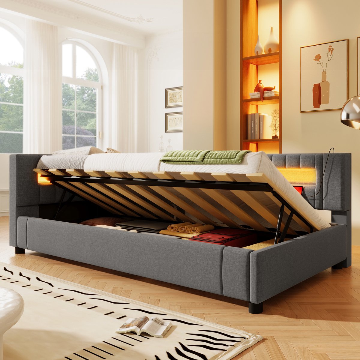 Wishdor - Bedbank - Led-Lichtstrip - Hydraulische Opbergruimte - Usb-En Usb-C-Aansluitingen - Linnen - Grijs - 90 X 200 Cm