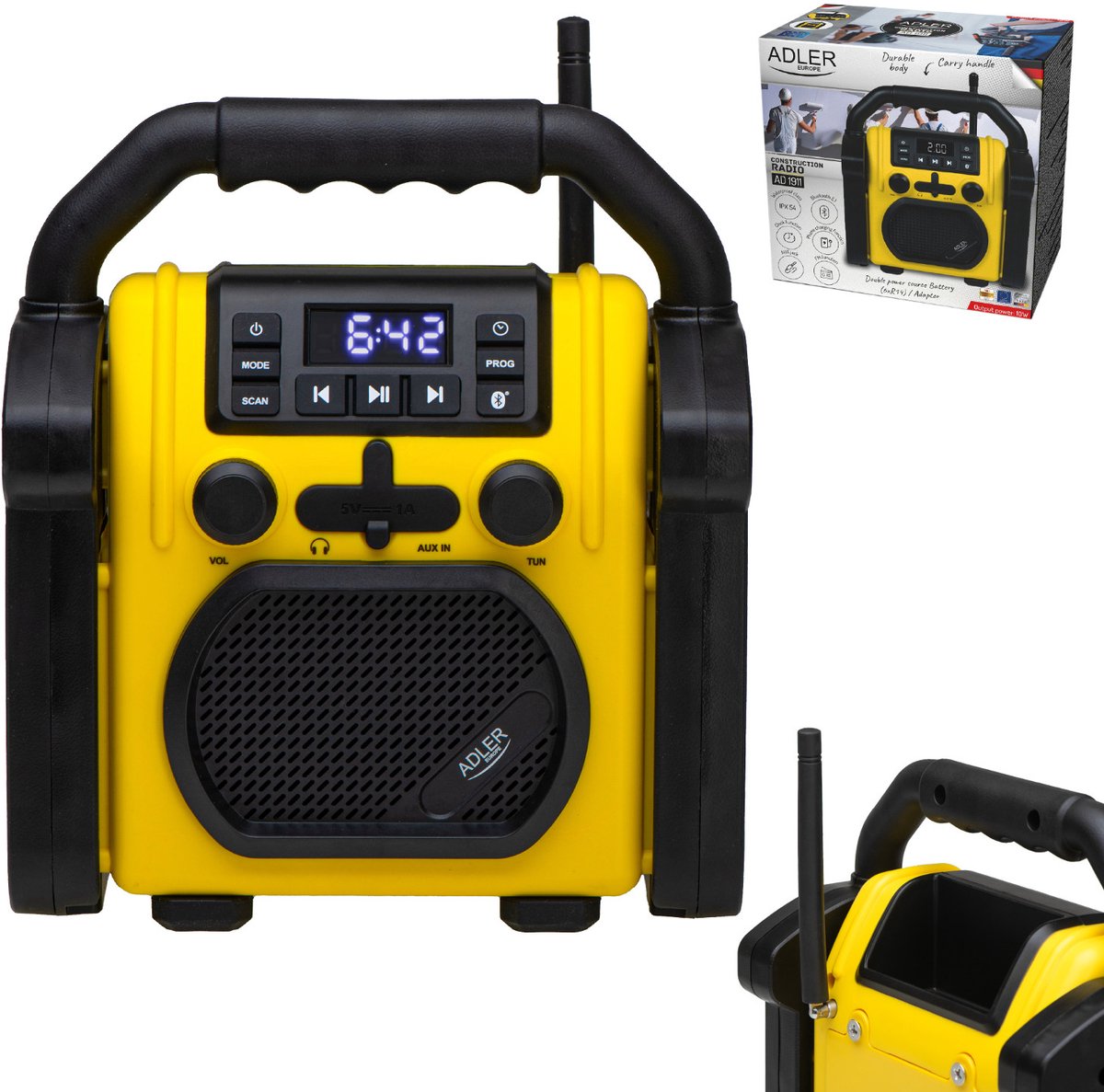 Adler Ad 1911- Digitale Radio - bouwradio - Bluetooth 5.1 - IPX 54 - vermogen 10 W -Geel