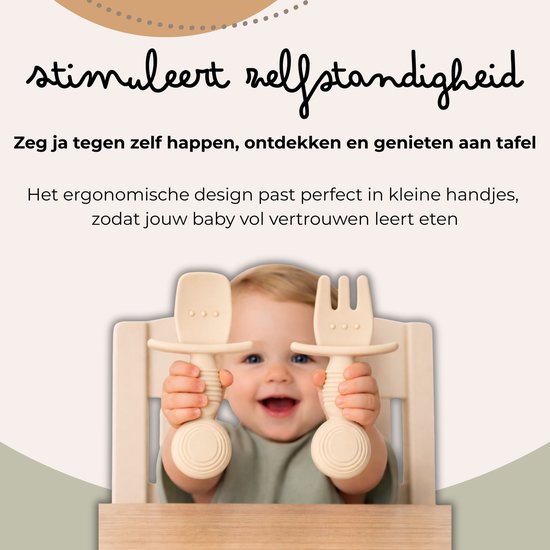 Jikkies® - Siliconen Kinderbestek Set - Baby Bestek - Lepel & Vork - Beige - Veilig - Duurzaam - Kindvriendelijk - 100% Siliconen - Vaatwasserbestendig - Magnetronbestendig - Oefenbestek - Ergonomisch Bestek van Jikkies — afbeelding 4