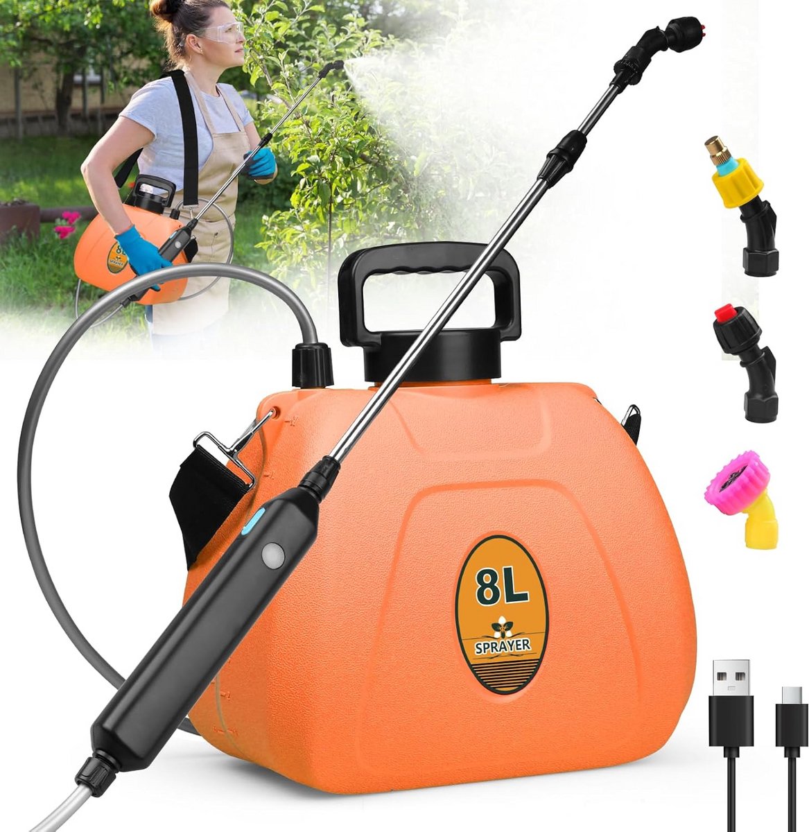 Draadloze elektrische drukspuit met 3 sproeiers voor planten - 8l capaciteit met oplaadbare USB-handgreep