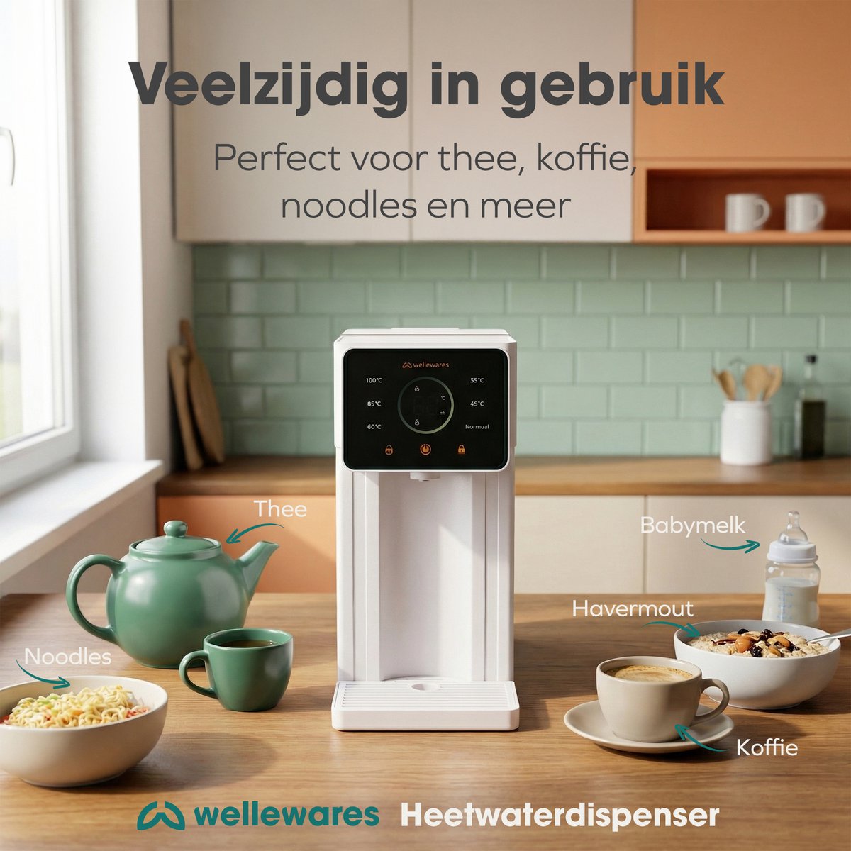 Wellewares - Heetwaterdispenser - Waterkoker - 6 Temperaturen 25-100°C - 8 Hoeveelheden - 3 Liter - Instant Heetwatertap - Touchscreen - Wit — afbeelding 5