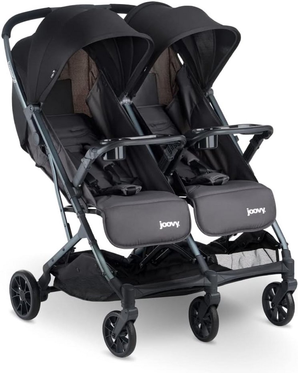 Lichte Dubbele Kinderwagen - Compact Inklapbaar met Planken - Geschikt voor Twee Kinderen - Grijs