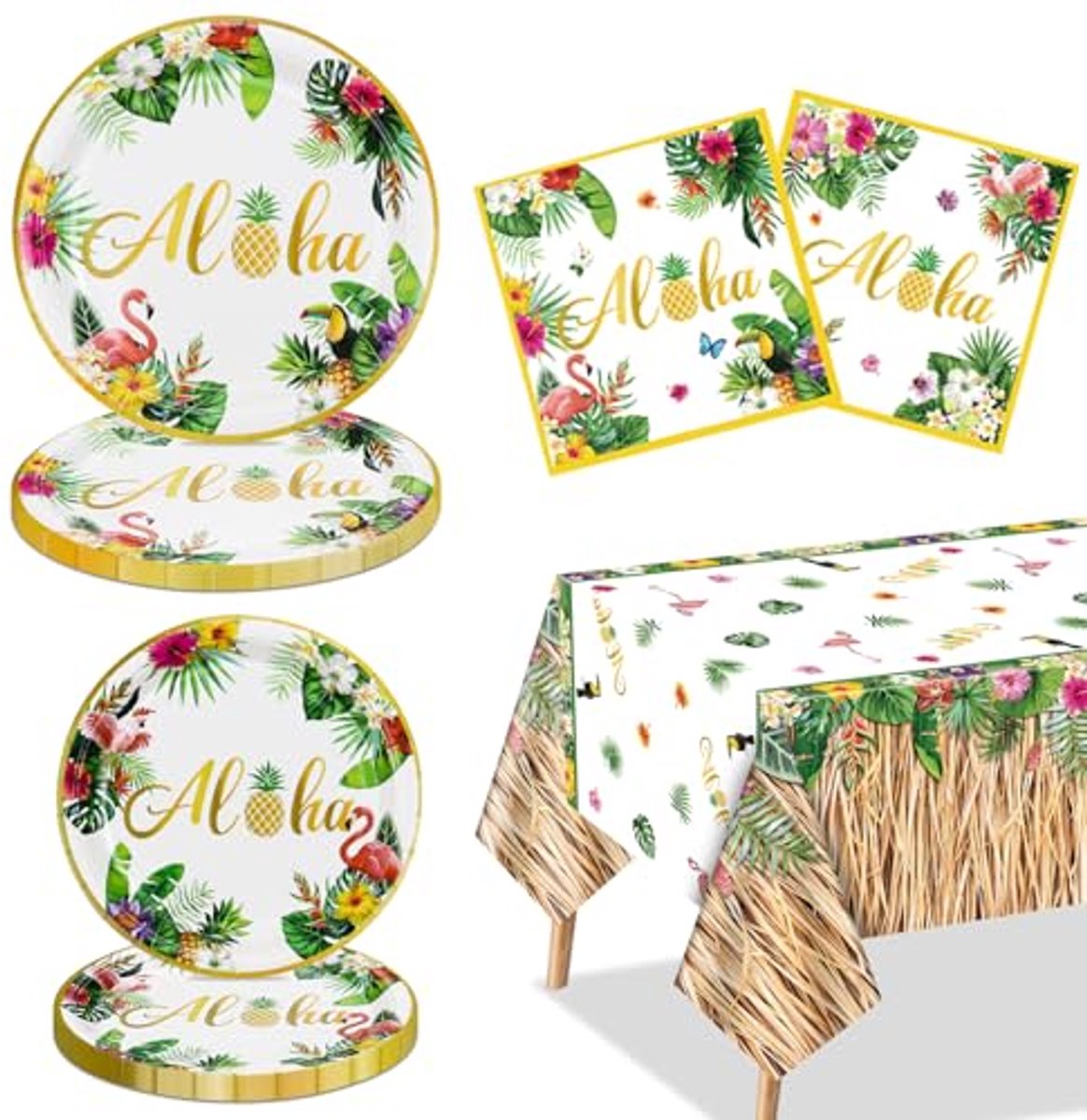 Ultiluxe® Tafellaken - Aloha Tafelkleed, Borden en Servetten - Tafeldecoratie - 130 x 220 cm - Hawaii Thema - Waterafstotend - Kunststof - Wegwerp - Voor feestjes en verjaardagen - Wit/groen/geel