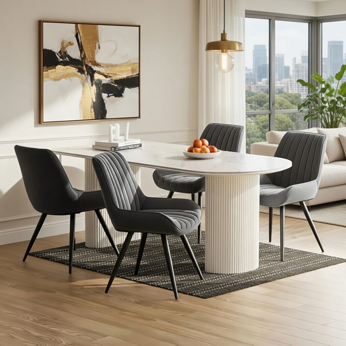 Moderne gestoffeerde eetkamerstoelen met extra dik zitkussen – Set van 4 – Donkergrijs – Comfortabele keukenstoelen met rugleuning en metalen poten – Luxe woonkamerstoelen – Novihome