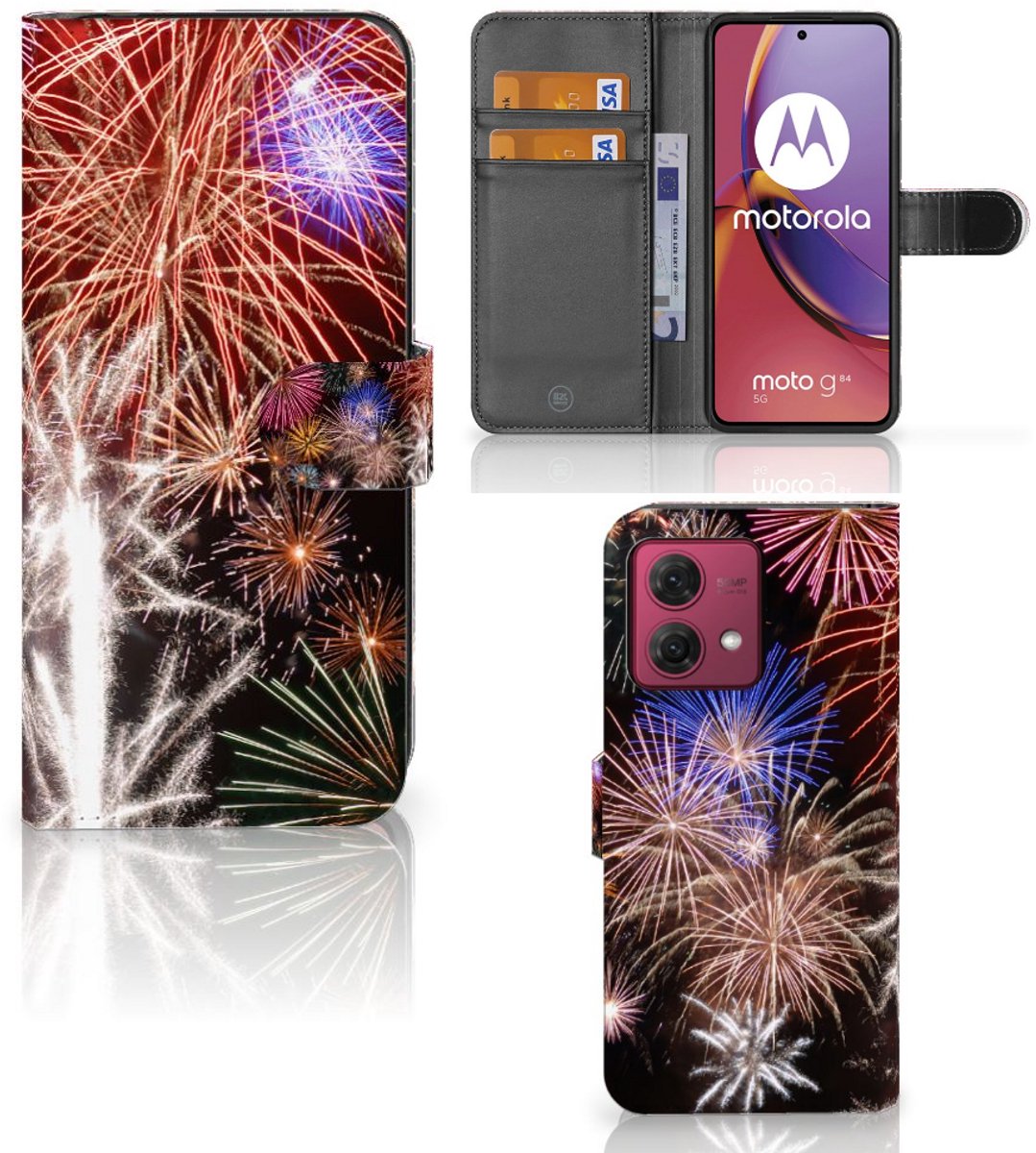 Motorola Moto G84 Wallet Case met Pasjes Vuurwerk