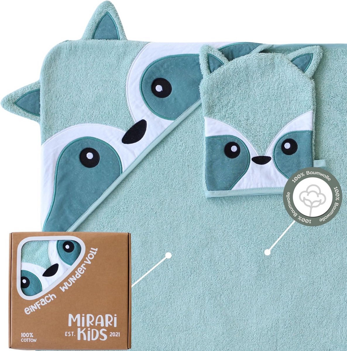 Hooded Baby Towel 100 x 100 cm with Washcloth - Organic Cotton, Soft Bath Towel for Newborns and Toddlers 0-6 Years