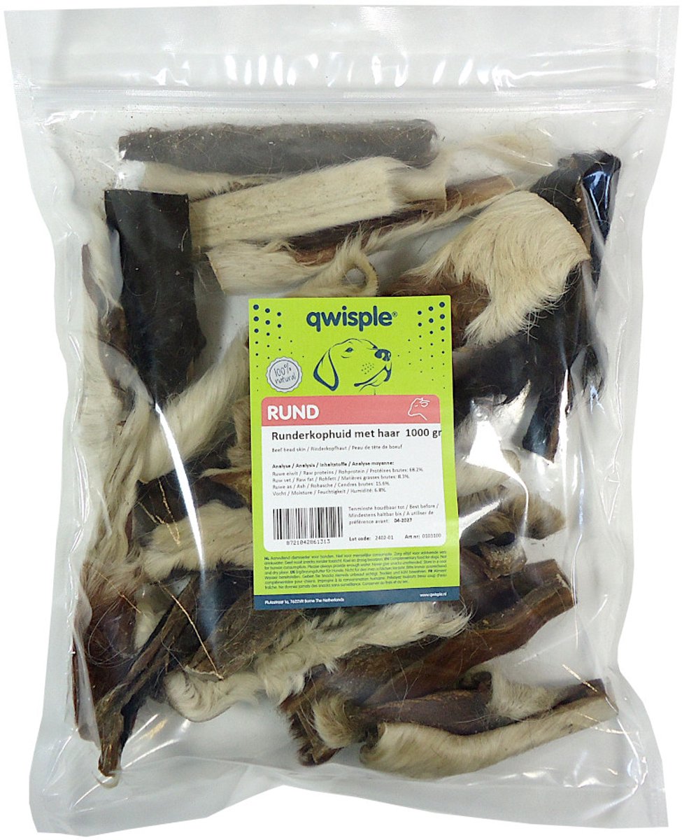 Qwisple Runderkophuid met Haar - Hondensnacks Gedroogd Rund - 1000 gram