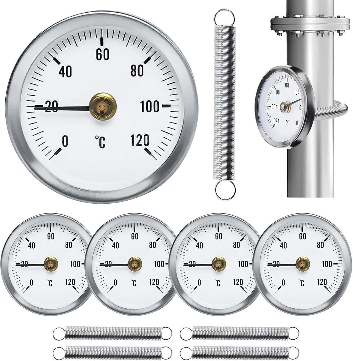 5 Stuks Aanlegthermometer voor Verwarmingsbuis - Temperatuurweergave met Clip-On Veer - Tot 120 °C