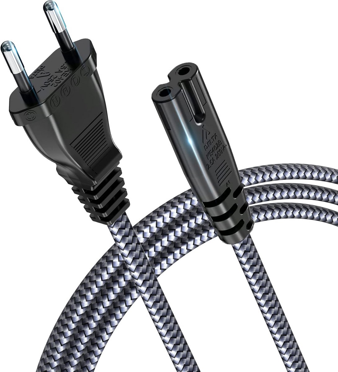 Stroomkabel 2-polig 2 m Eurostekker (CEE 7/16 naar C7) Nylon Gevlochten Universele Apparatenkabel met VDE