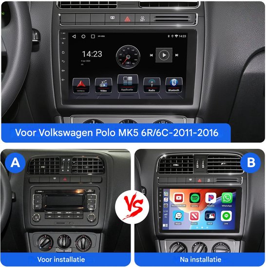 Vergelijking van het ESSGOO autoradiosysteem voor VW Polo MK5: vóór installatie (originele radio) en na installatie (ESSGOO met apps).