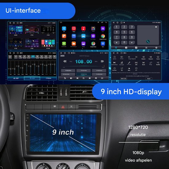 ESSGOO autoradio met 9-inch HD-display, toont de gebruikersinterface, geluidsinstellingen, radio- en klavierfuncties.