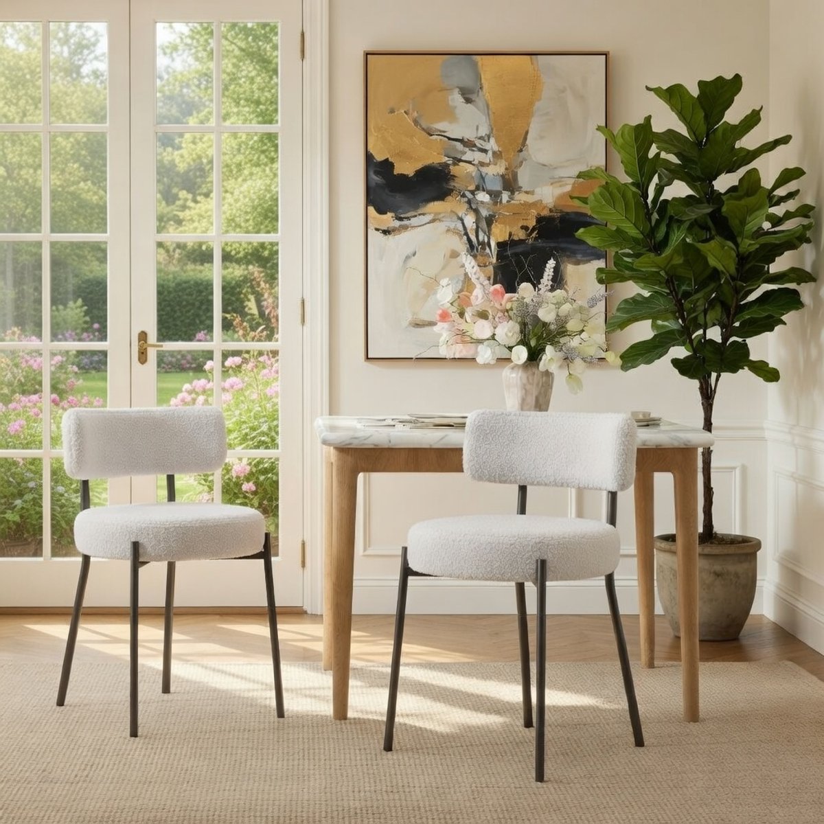 Luxe Eetkamerstoelen Set van 2 – Moderne Gevoerde Stoelen van Teddy Bouclé met Metalen Poten – Comfortabele Keuken- en Woonkamerstoelen – Wit, Grijs of Zwart Novihome