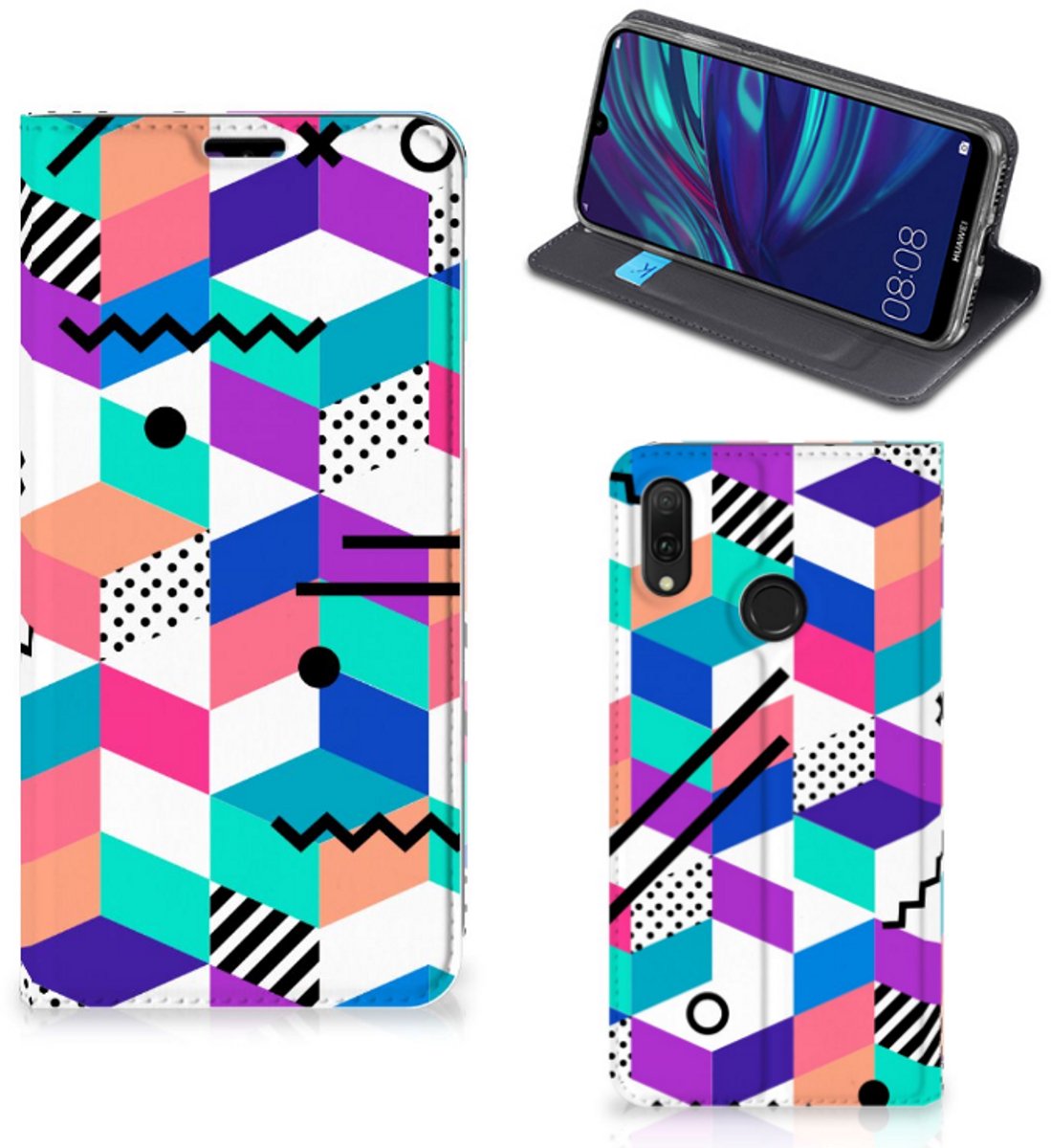 Huawei Y7 hoesje Y7 Pro (2019) Stand Case Blokken Kleurrijk