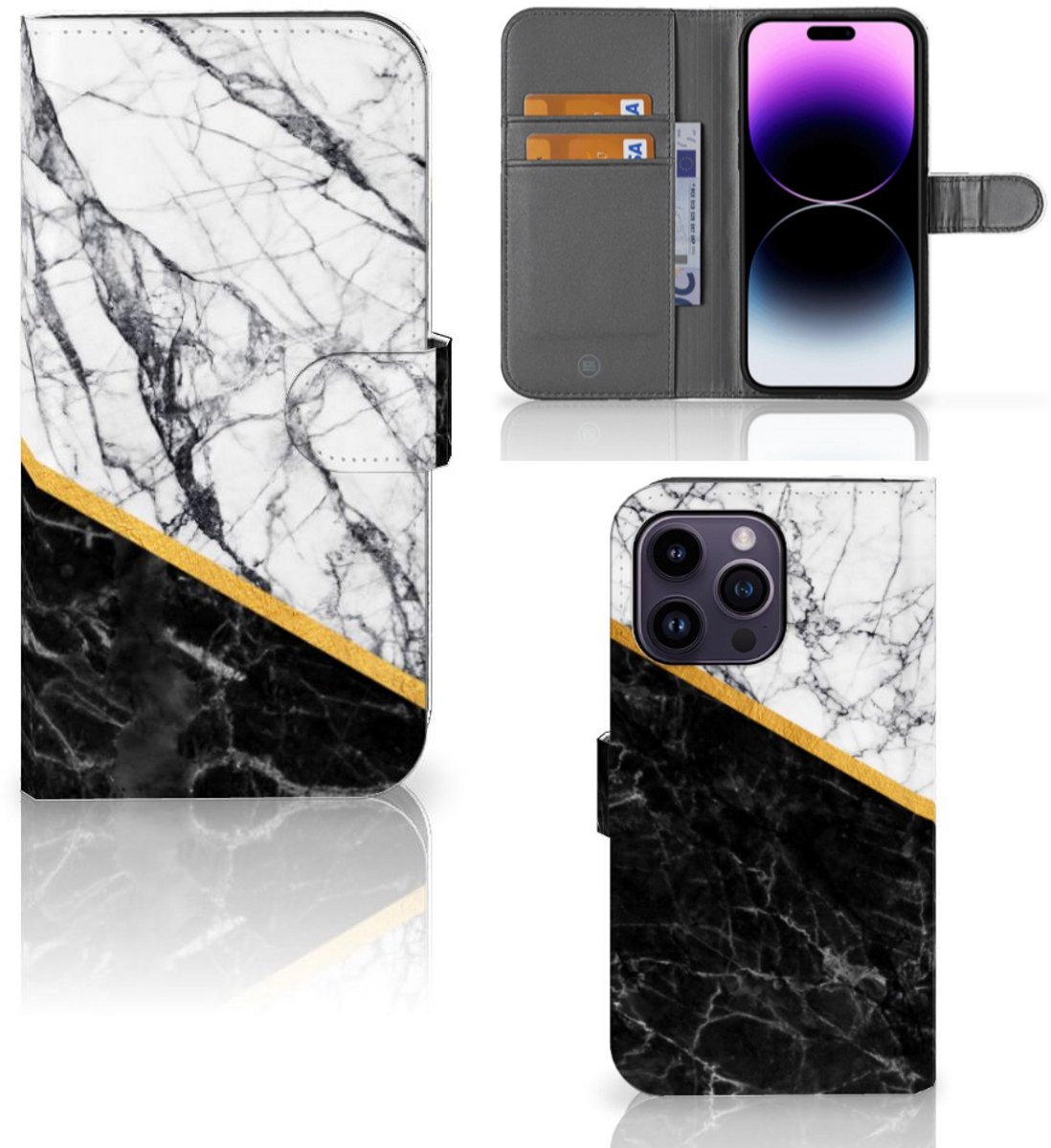 iPhone 15 Pro Max Bookcase Marmer Wit Zwart - Origineel Cadeau Man