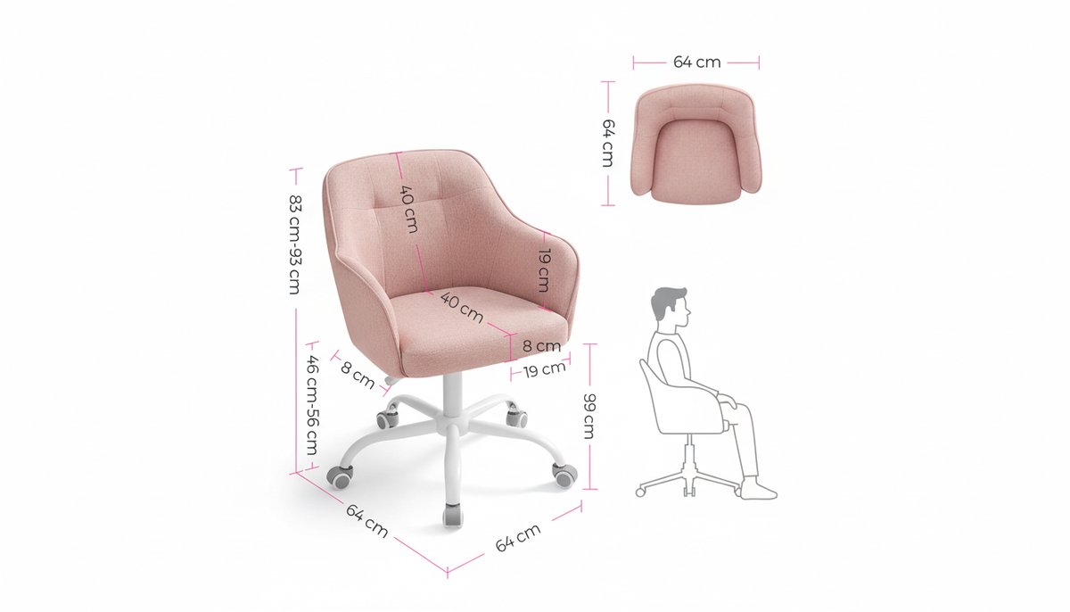 Bureaustoel Ergonomisch – Casa Velluto PinkDream Comfort Draaistoel – In Hoogte Verstelbare Bureaustoel met Armleuningen – Ademende PU & Stof Bekleding – Computerstoel voor Thuiswerk, Studeren en Slaapkamer – Roze – Max. 110 kg