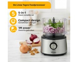 Linea Tegno Food Processor PRO-FP8001 - 5-in-1 RVS keukenmachine: blender, hakmolen, groentesnijder, citruspers en mixer in één. Voor groenten, fruit, noten, soepen, deegsoorten. 2,3L kom - Sinaasappels persen. 2,7L blender voor smoothies & shakes