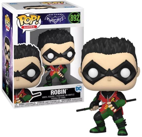 Funko Pop! verpakking van Robin #892 uit Gotham Knights met pop op de voorgrond.
