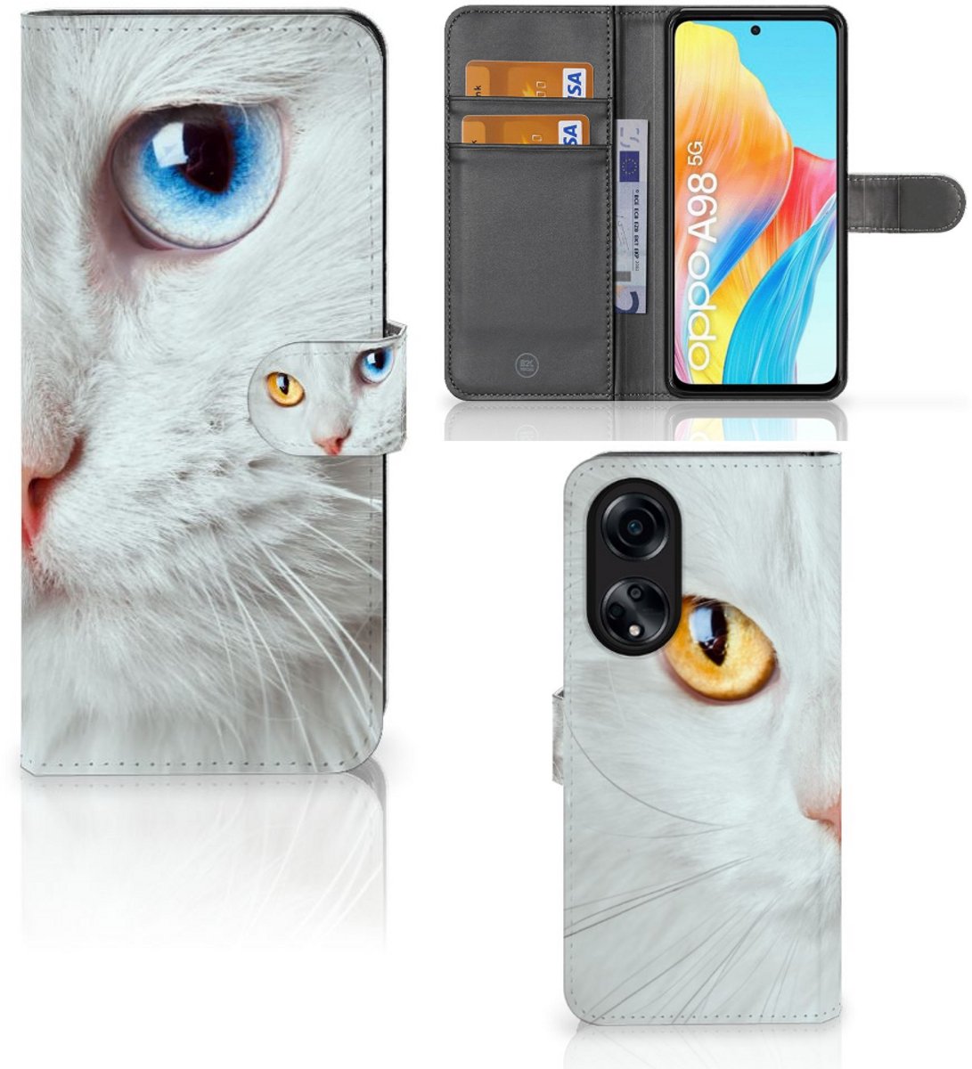 OPPO A98 5G Telefoonhoesje met Pasjes Witte Kat