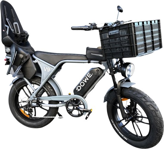 Elektrische Fatbike met Kinderzitje en Krat 17,5Ah 25km/h – Dowe V9 Nardo Grijs Family E-Fatbike