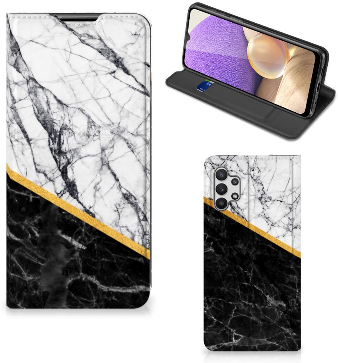 Samsung Galaxy A32 5G Standcase Marmer Wit Zwart - Origineel Cadeau Man