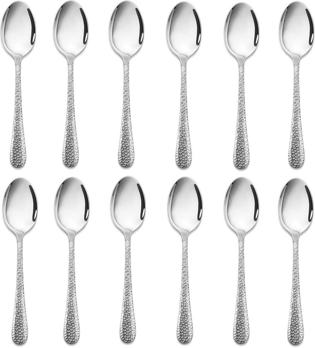 12-delige roestvrijstalen theelepelset met hamergreep - vaatwasmachinebestendig, 15 cm