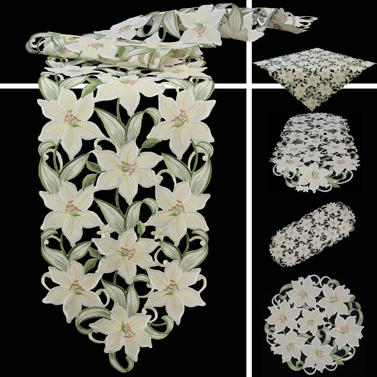 Open Borduurwerk Tafelkleed - Ovaal Tafelloper Wit Groen - 35 x 70 cm