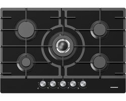 Heinner HBH-M705IWFGBK Inbouw Gaskookplaat 75 cm – 5 Branders – Wok – Elektrische Ontsteking – Gietijzeren – Veiligheidsbeveiliging – Zwart Glas – 5 Jaar Garantie