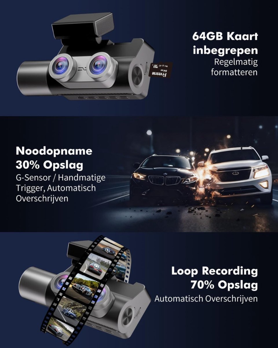 DYNA® Dashcam Voor en Achter - Dashcam - Dashcam Voor Auto - Zwart - 6cm x 12cm x 7cm – foto 2