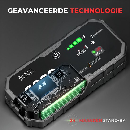 Zwarte jumpstarter met open behuizing die interne printplaat en batterijcellen toont, '24 MAANDEN STAND-BY'.