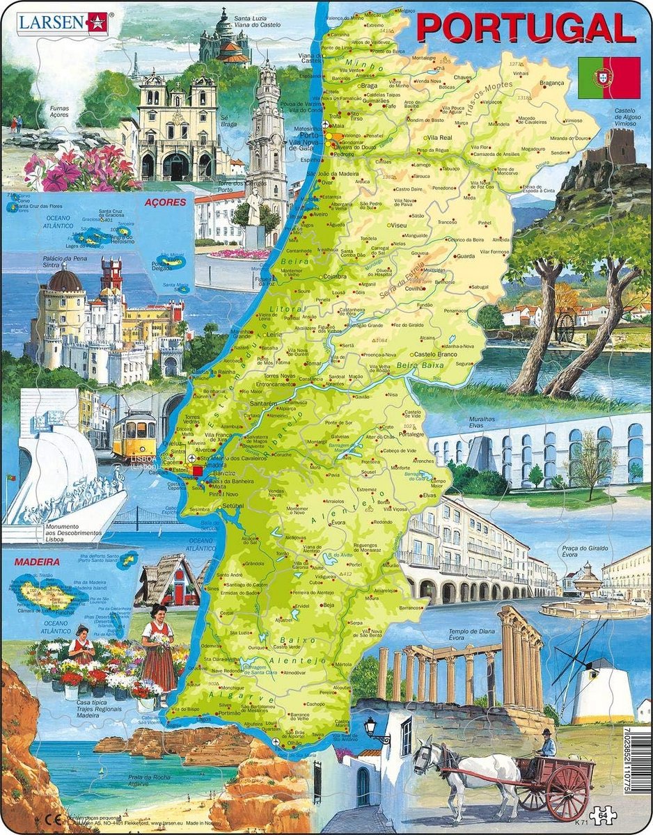 Gedetailleerde kaart van Portugal - puzzel met bezienswaardigheden en attracties, 64 stukjes