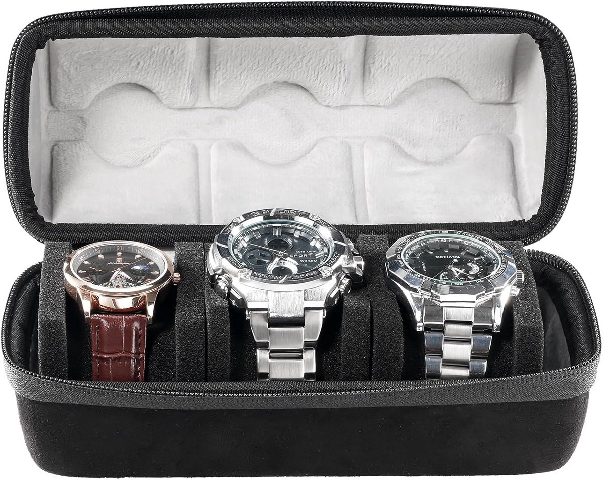 Reis Horlogehouder met 3 Slots - Draagbare Horloge Box met Clip en Schokdempende Cover - Zwart Grijs