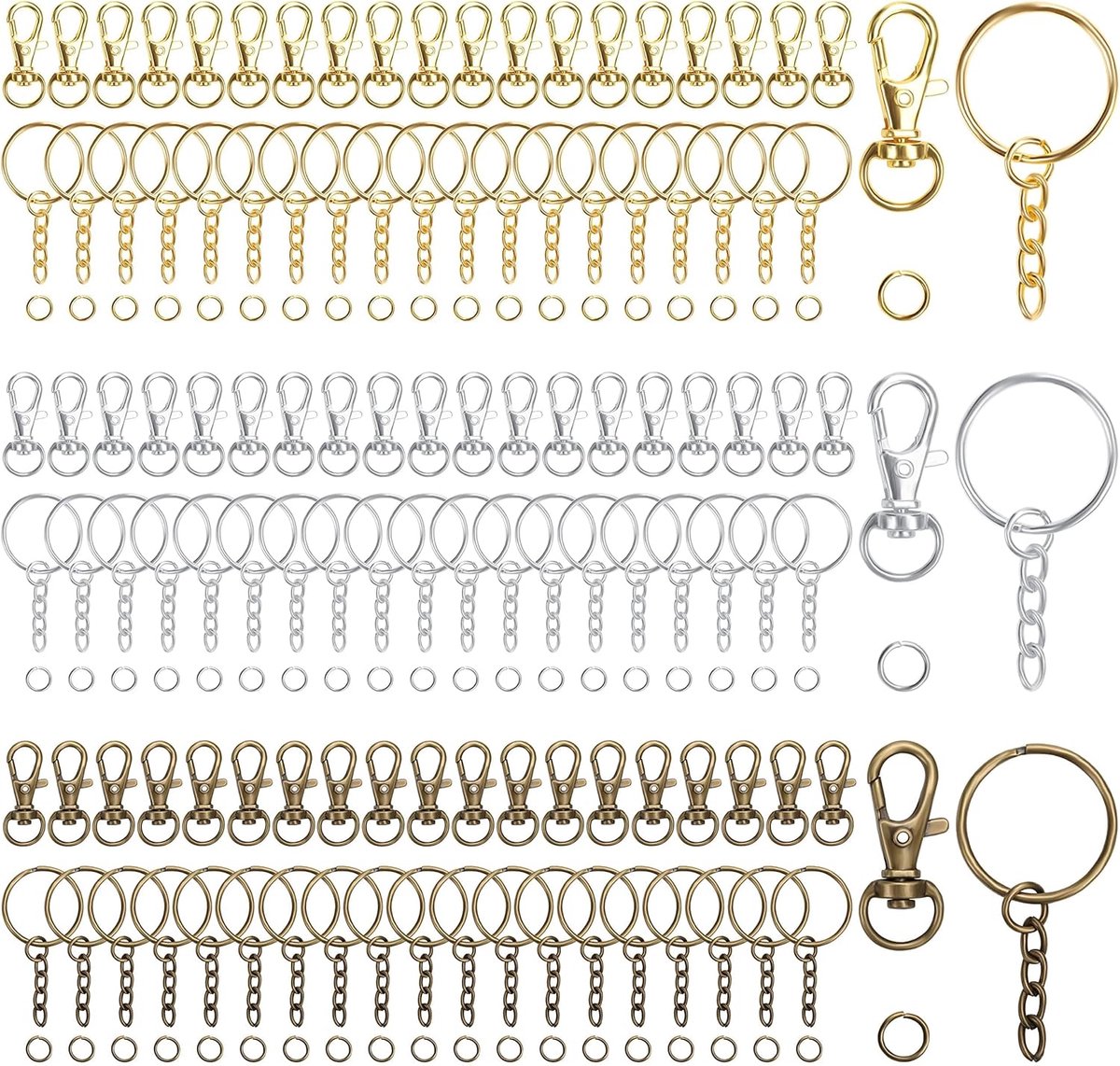 Metalen Karabijnhaken met Ketting en Open Splitringen (180 Stuks) – Perfect voor Sleutelhangers, Lanyards, Doe-Het-Zelf en Sieraden Maken