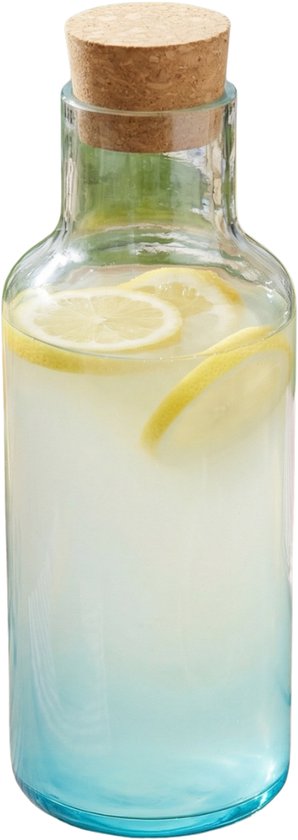 alpina Bouteille en Verre 1.25L - Bouteille d'Eau en Verre avec Bouchon en Liège - Bouteille 9,4 x 24,5 cm - Convient pour l'Eau et le Jus - Transparent avec Fond Bleu Clair