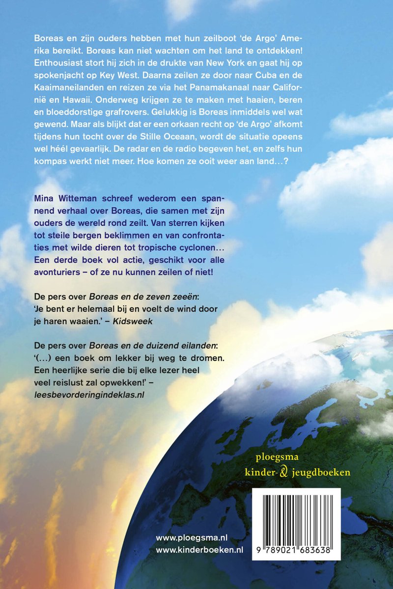 Achterkant van een boek met tekst en een afbeelding van de aarde.