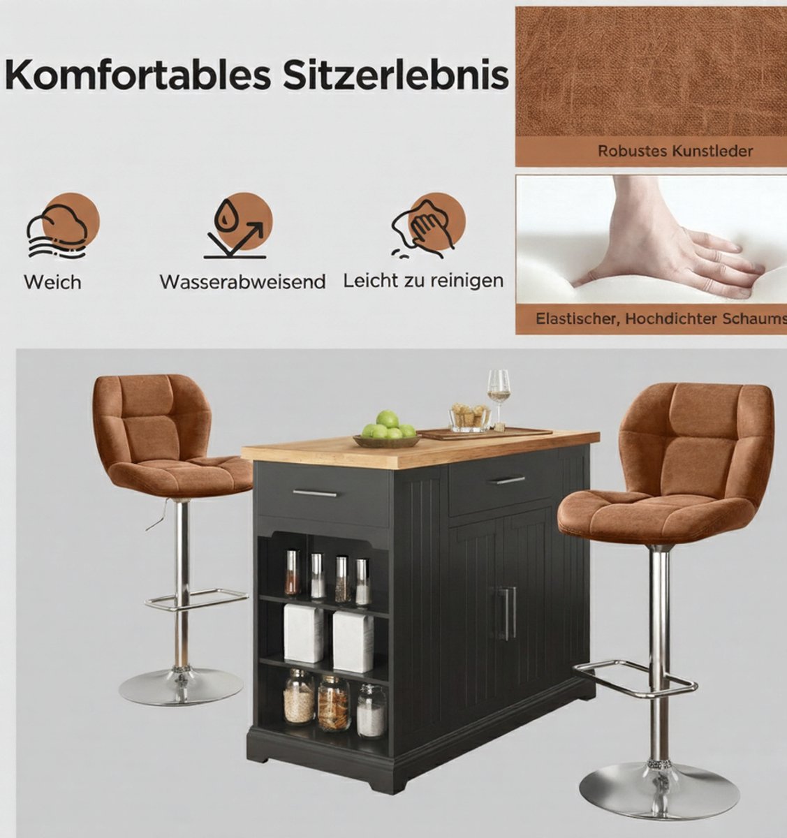 Barkruk Set van 2 House&Garden – In Hoogte Verstelbare 360° Draaibare Barstoelen met Rugleuning en Voetensteun – PU Kunstleer Zitting en Metaal Frame – Keuken- en Eetkamerkrukken Retrobruin 62,5–84,5 cm