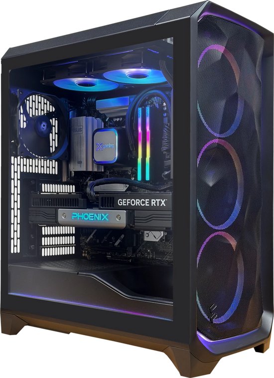 Zwarte gaming PC met transparante zijkant, blauwe en gekleurde RGB-verlichting op fans en voorkant.