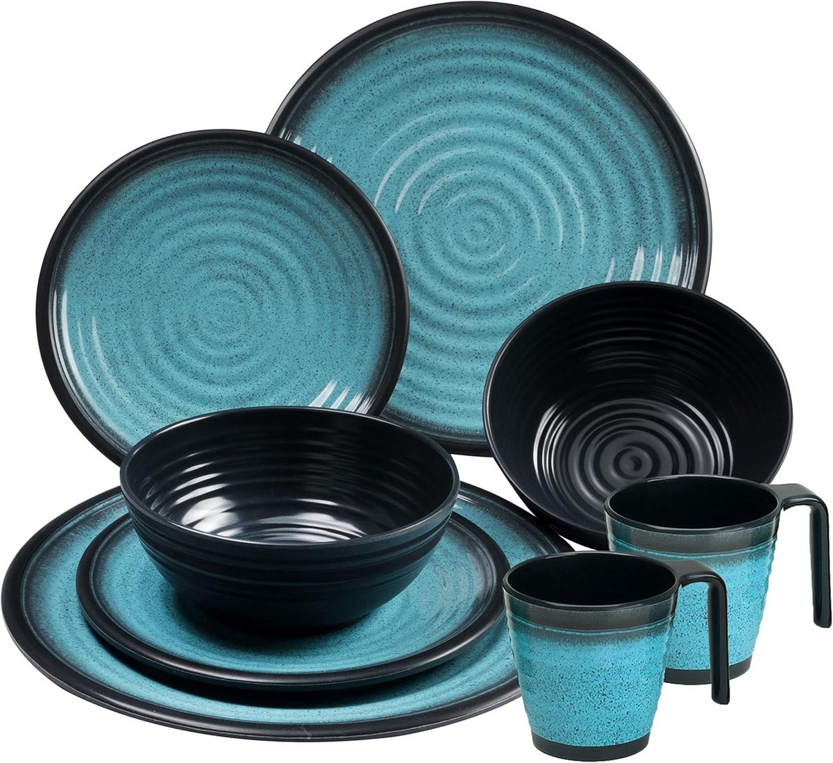 Melamine Campingservies Set voor 2 Personen - 8 Delig - Blauw Zwart met Borden en Kopjes - Duurzaam Kampeerbestek