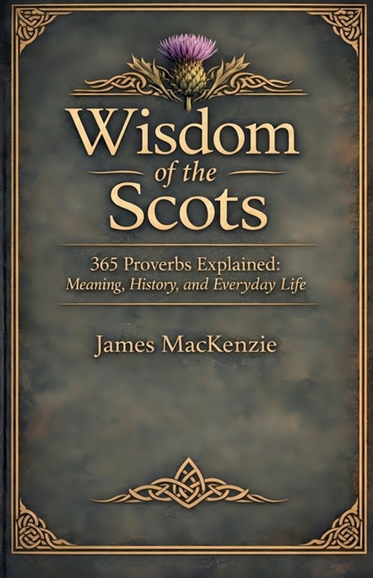 Boekomslag 'Wisdom of the Scots' met de tekst '365 Proverbs Explained: Meaning, History, and Everyday Life' en 'James MacKenzie'.