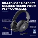 Zwarte draadloze gaming headset voor PS5 met comfortabele over-ear pads en verstelbare microfoon.