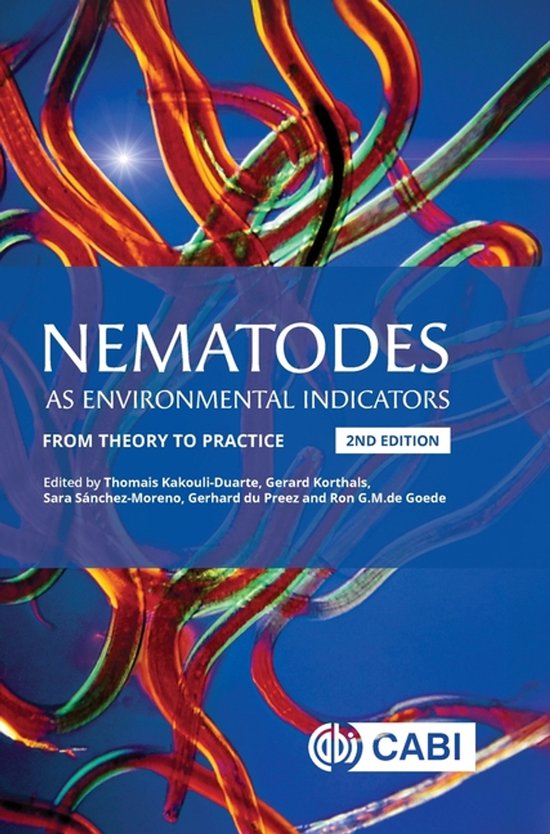 Boekomslag van 'Nematodes as Environmental Indicators', met rode en oranje wormen tegen een blauwe achtergrond. Titel en redacteuren vermeld.