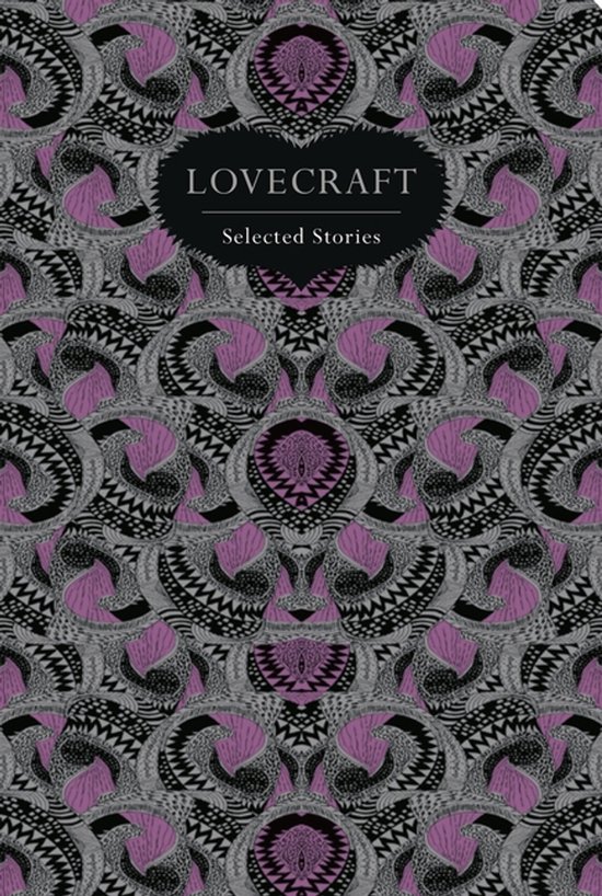 Boekomslag met paars-grijs abstract patroon en tekst Lovecraft: Selected Stories in een centraal zwart kader.