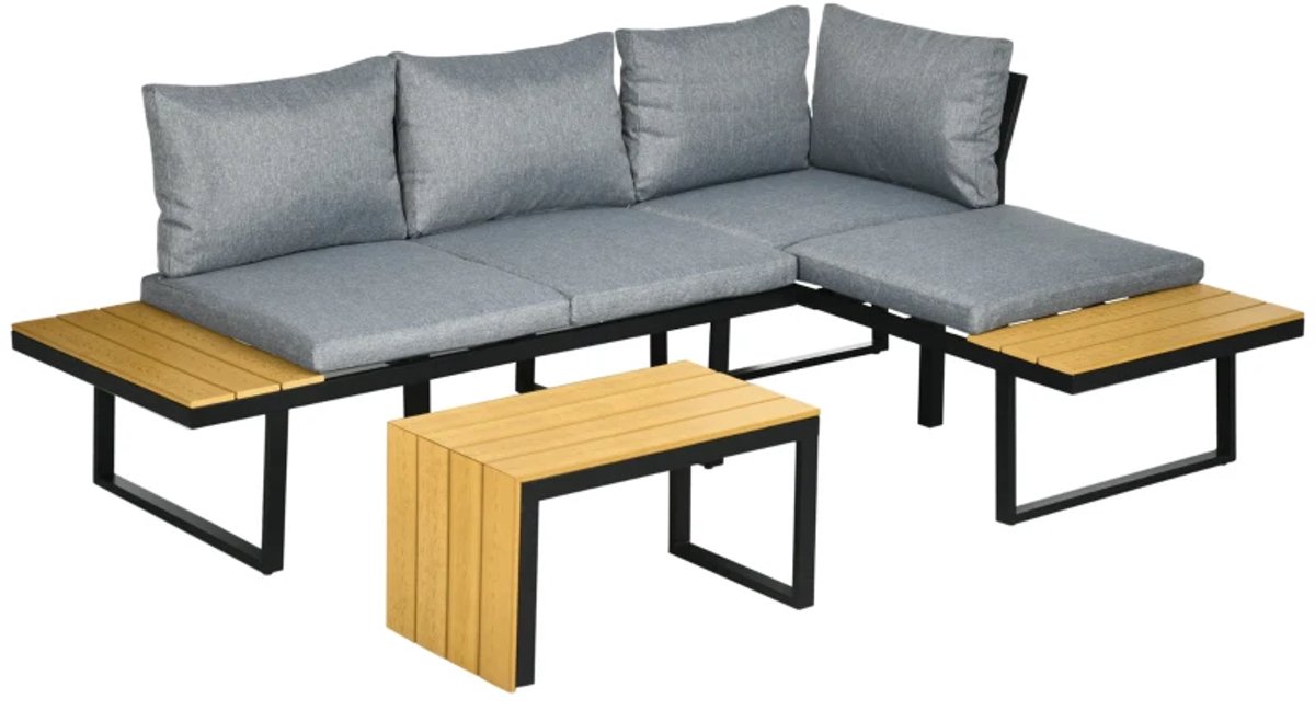 Tuin loungeset - Tuinset - 5-Delige Loungeset - 3-4 Zits - L-vormige Tuinmeubelset - Hoekbank - Tuintafel - met Planken, Tafel en Zitkussen + Kussen - Ideaal voor tuin, balkon en terras - Hoeklounge - Zitgroep - Donkergrijs + Naturel