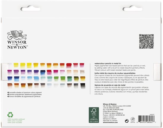 Achterkant doos met kleurstalen van 48 Winsor & Newton aquarelpotloden, van wit tot zwart.