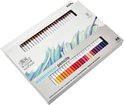 Doos met 48 Winsor & Newton aquarelpotloden, geopend en toont witte potloden en kleurstalen.
