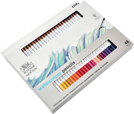 Doos met 48 Winsor & Newton aquarelpotloden, geopend en toont witte potloden en kleurstalen.