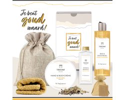 Geschenkset “Je bent Goud Waard!” - 6 producten - 680 gram - Triomf Cosmetica | Giftset voor haar Cadeautje Vrouw Valentijnsdag Valentijn Cadeaupakketje Geschenk Collega Vrijwilliger Cadeau Bedankt Pakket Kerst Kerstpakket Moeder Moederdag Gift Set