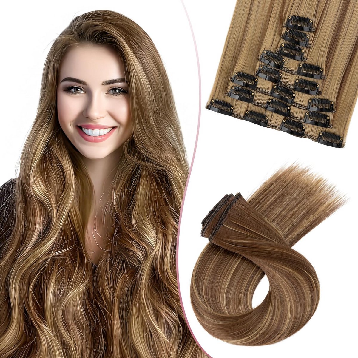 45 cm Dikke Clip-in Haarverlenging Set, 8 Delig, Lichtbruin en Asblond