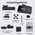 Inhoud van de verpakking van een Faas dashcam: 4K dashcam, achtercamera met verlengkabel, autolader, 64GB micro SD, installatietool, 5x kleefhaakjes, stofdoek, handleiding en de doos.
