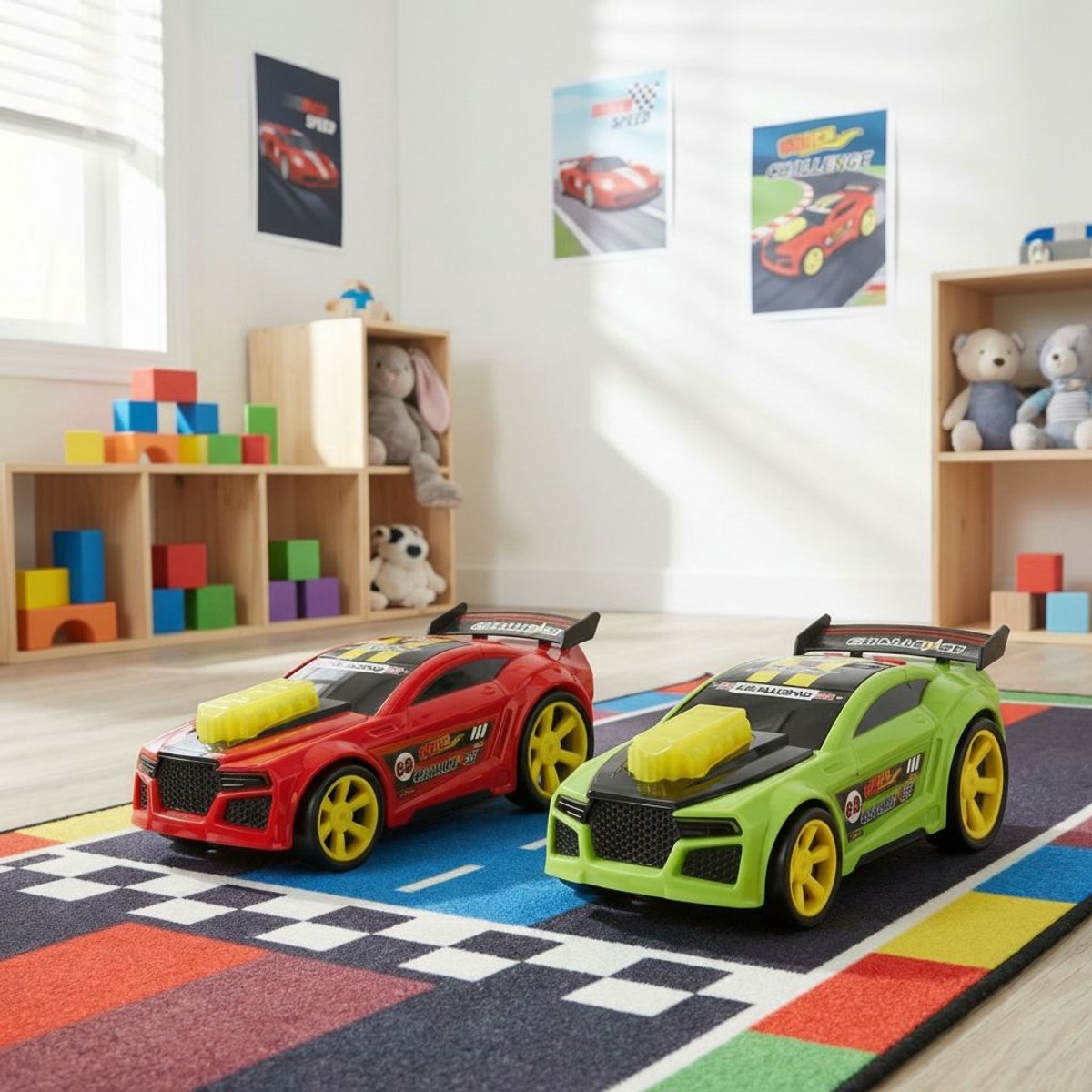 Eddy Toys Raceauto Licht & Geluid - Speelgoed Auto met Licht en Geluidseffecten - Raceauto met Spoiler en Grote Wielen - 1 Willekeurige Kleur Rood of Groen — afbeelding 4